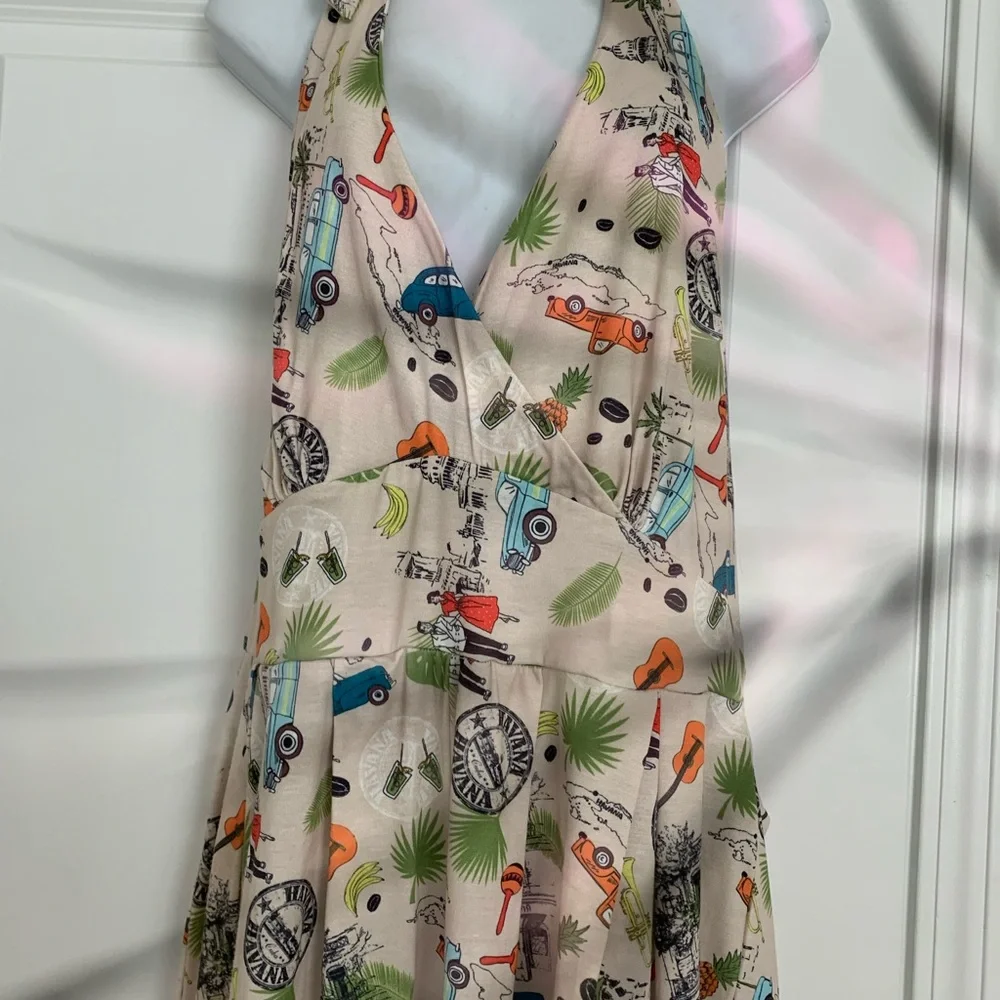 NWT Lindy Bop Cream romper babydoll halter tie back Tiki Print Dress elastic - Picture 3 of 11